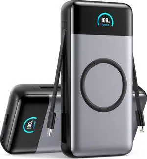 Eyesoul Wireless Portable Charger 40800mAh with Built-in Cables, 15W Wireless Charging USB C Power Bank, 25W PD QC 4.0 5 Outputs TFT LCD Display Battery Pack for iPhone, Samsung, Android etc