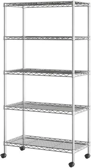 5-Tier Wire Shelving with Wheels, 5-Tier, 30"" W x 14"" D (NEW MODEL), Chrome Plating, Plated Steel