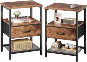 Nightstand Set of 2, Night Stand with Fabric Drawer, Mesh Shelf, Side Table with Storage, Fabric Drawer Dresser, Open Shelf, Metal Frame, Bedroom, Rustic Brown