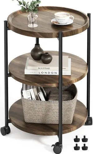 Side Table, 3-Tier Modern End Table with Wheels, Small Round Nightstand Bedside Table for Living Room, Bedroom, or Small Spaces-Walnut