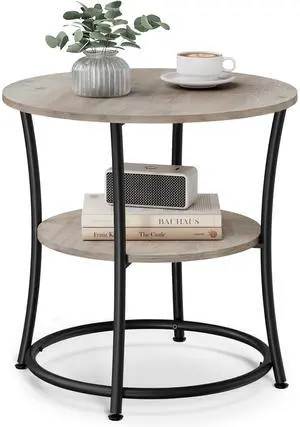 Side Table, 2-Tier Round End Table, Nightstand with Steel Frame for Small Spaces, Living Room, Bedroom, Heather Greige and Ink Black
