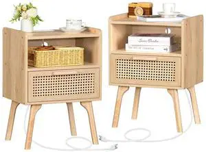 Rattan Nightstands Set of 2 with Charging Station, Boho Side Table with Drawer Open Shelf, Cane Accent Bedside End Table with Solid Wood Legs for Bedroom, Dorm and Small Spaces (Natural)