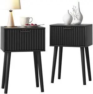 Nightstands Set of 2, Small Side Table, Bedside Table with Fluted Door, Solid Wood Feet; Modern Mid-Century End Table for Bedroom, Small Space (Black)