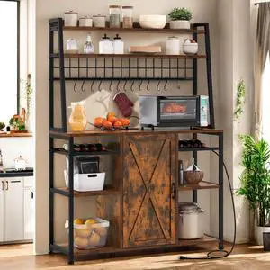 Large Bakers Rack with Power Outlet and Storage Cabinet, 47 Inch Farmhouse Coffee Bar Cabinet, Kitchen Microwave Stand with Wine Shelves and 12 Hooks, Rustic Brown