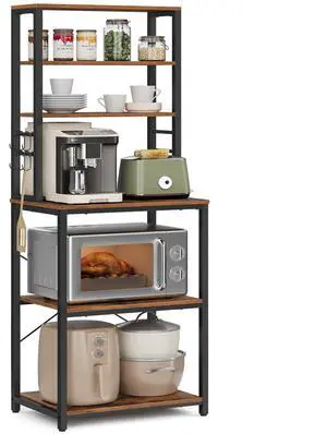 Coffee Bar, Bakers Rack for Kitchen with Storage, 6-Tier Kitchen Shelves with 6 Hooks, Microwave Stand, Industrial, 15.7 x 23.6 x 65.7 Inches, Rustic Brown and Black