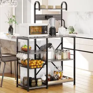 Kitchen Bakers Rack with Power Outlet, Multifunctional Organizer & Storage with 6 Hooks, Microwave Oven Stand, and Coffee Station Shelf, Grey
