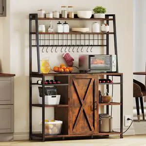 Bakers Rack Microwave Stand Cabinet with Large Storage Drawer and Power Outlet, 47 Inches Farmhouse Kitchen Tall Thickened Coffee Bar Table with Wine Shelf Rustic Brown