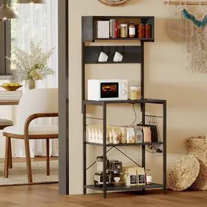 Bakers Rack With Power Outlet,Small Coffee Bar Cart,Microwave Stand With 10 Hooks,4 Tiers Kitchen Storage Shelf Rack for Spices, Pots, Appliance Organizer,Black