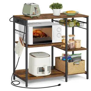 Baker's Rack, Coffee Bar Stand with Charging Station, Storage Shelves, Pull-Out Wire Basket, Table for Microwave, Kitchen, Rustic Brown UKKS036K01, 15.7 x 35.4 x 35.6 Inches