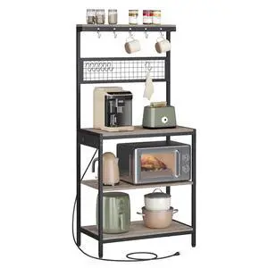 Bakers Rack with Charging Station, 31.5 Inches Coffee Bar Stand with Adjustable Storage Shelf, Grid Panel, 12 Hooks, Table for Microwave, Kitchen, Heather Greige and Ink Black UKKS016K02