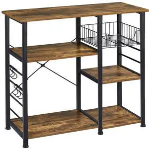 4-Tier Kitchen Baker's Rack, Coffee Bar Microwave Stand Cart with Wire Basket & 6 Side Hooks, Kitchen Organizer Shelf for Spices/Utensils Foods, Rustic Brown
