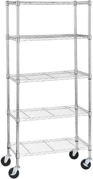 5-Shelf Adjustable, Heavy Duty Storage Shelving Unit on 4'' Wheel Casters, Metal Organizer Wire Rack, 30" L x 14" W x 64.8" H, Chrome