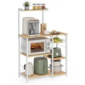 Baker's Rack, Microwave Stand, Kitchen Storage Rack with Wire Basket, 6 Hooks, and Shelves, for Spices, Pots, and Pans, Golden Oak and Cloud White UKKS035W09