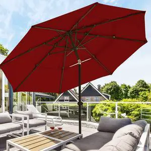 10 FT Patio Umbrellas 3-Tiers Outdoor Table Market Umbrella with Push Button Tilt/Crank, Fade Resistant Waterproof POLYESTER DTY Canopy for Garden, Lawn, Deck, Backyard & PoolBurgundy