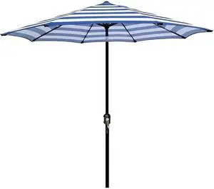 9' Outdoor Patio Umbrella, Striped Patio Umbrella, Outdoor Table Umbrella, Market Umbrella with 8 Sturdy Ribs, Push Button Tilt and Crank (Blue & White Stripe)