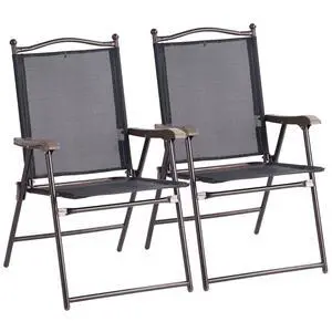 Set of 2 Patio Folding Chairs, Outdoor Patio Dining Chairs w/Armrest, Sling Back, Metal Frame, Outside Use for Lawn Camping Garden Pool Beach Yard Lounge, No Assembly, Black