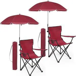 2 Pack Beach Umbrella Chairs Folding Camping Portable Beach Chairs with Canopy Shade Adults with Cup Holder and Carrying Bag for Camping Hiking Travel Picnic Outdoor Events(Wine Red)