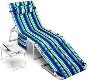 3-in-1 Beach Chair Face Holes, Lounge Chair Outdoor with Folding Side Table, 5-Position Recliner, Lay Flat, Removable Pillow, Heavy Duty, Max 330lbs, Poolside, Patio, Camping, Backyard Striped Blue