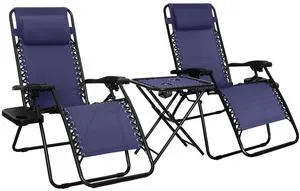 Outdoor Textilene Adjustable Zero Gravity Folding Reclining Lounge Chair Set with Side Table, pack of 2, Blue