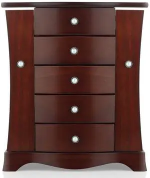 Jewelry Box - Made of Solid Wood with Tower Style 4 Drawers Organizer and 2 Separated Open Doors on 2 Sides and Large Mirror Brown