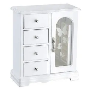 Jewelry Box - Made of Solid Wood with 4 Drawers Organizer and Built-in Necklace Carousel and Large Mirror White