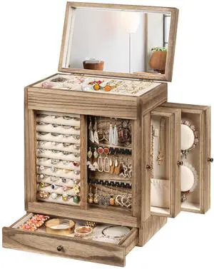 Jewelry Box for Women, 5 Layer Rustic Wooden Jewelry Organizer with Glass Window, 4 Drawers, Mirror, Large Jewelry Storage Display for Earrings Rings Necklaces Bracelets (Rustic Brown)