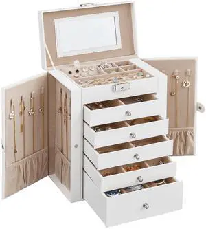 6 Tier Jewelry Box, Jewelry Storage Organizer with 5 Drawers, Large Storage Capacity, with Mirror, Lockable, Jewelry Case, Gift for Loved Ones, For Watches, White UJBC152W01