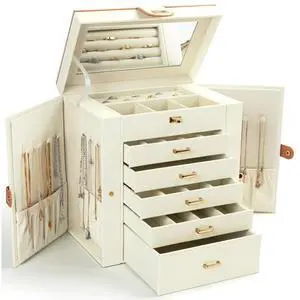 Jewelry Box for Women, 6-Layer Large Jewelry Holder Organizer Box with Mirror & 5 Drawers for Rings, Earrings, Necklaces, Bracelets,White