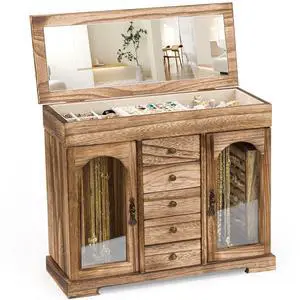 Jewelry Box for Women Girls, Rustic Wooden Jewelry Organizer Box with Mirror, 5 Layer Jewelry Storage Case Display for Necklaces Earrings Rings Bracelets Valentine's Day Gifts