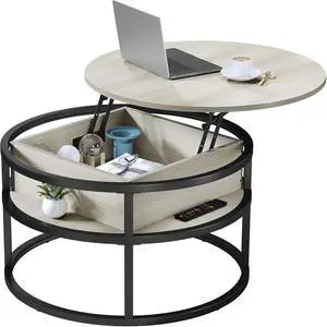 Round Lift Top Coffee Table, Coffee Tables for Living Room with Hidden Storage Compartment, Modern Coffee Table with Storage for Home Office, Center Tables Living Room, White Oak