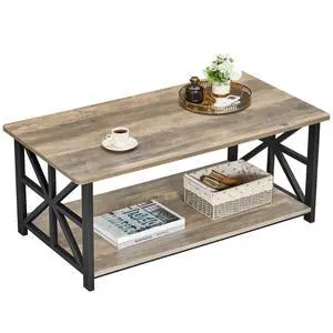 Coffee Table for Living Room with Round Corners Farmhouse Style Center Table with Storage Shelf 39 Inch Space Saving Easy Assembly Gray Wash