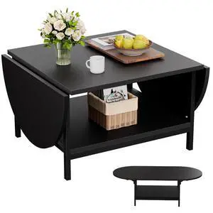 Black Coffee Table Modern Extended Coffee Tables with Storage for Living Room 2-Tier Unique Center Table with Two Folding Panel for Any Large or Small Space,Foldable, All Black