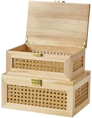 2PCS Decorative Rattan Storage Boxes Solid Wood Baskets Bins with Lid Keepsake Memory Jewelry Box Natural Boho Shelf Wicker Closet Desk Organizer Container (Light Wood, 1 Large 1 Small)