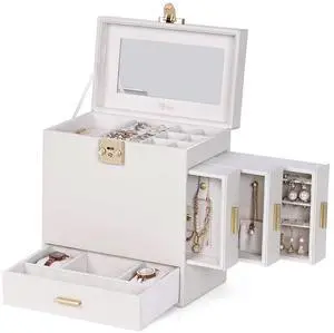 Jewelry Box with Mirror, 5-Layer Jewelry Organizer with 3 Side Drawers, Jewelry Display Box with Handle Design, Large Storage Capacity, Modern Style, Christmas Gift for Women