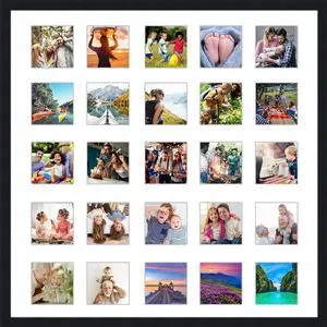Black Collage Frame With Mat - 22x22 Solid Wood Frame For (25) 4" x 4" Photos - Black Matted Instagram 4x4 Collage Photo Frame with Mat with Multi Opening Picture Matte