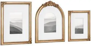 Arendahl Three-Piece Picture Frame Set, Antique Gold, Set of 3, Varying Sizes, Vintage Rectangle and Arched Photo Frame Set for Use as Gallery Wall Frames