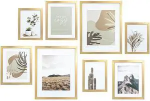 Gallery Wall Frame Set,Gold Picture Frames Collage Wall Decor with Neutural Art for Living Room Stariway,8 Pack Assorted Size-11"x14",8"x10",6"x8"