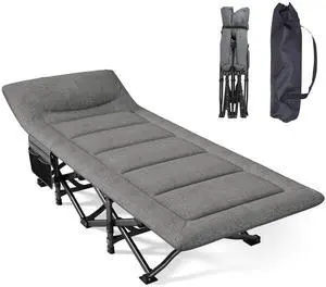 Camping Cot, Folding Cot Bed for Adults with Built-in Mattress and Pillow, Portable Outdoor Sleeping Cot for Camping and Travel, with Carry Bag, Grey, Max Load 450 LBS