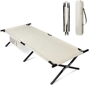 Military Camping Cot, Portable Folding Cots for Sleeping with Carry Bag, Outdoor Camping Bed for Adults with Side Pocket, Support 300 Lbs, Silver Greige