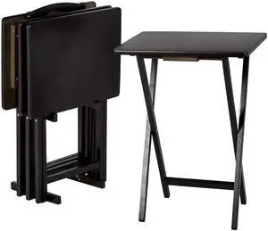 Portable TV Dinner 4-Pack Rectangular Folding Tray Table with Storage Rack, Black, 15" x 19" x 26"