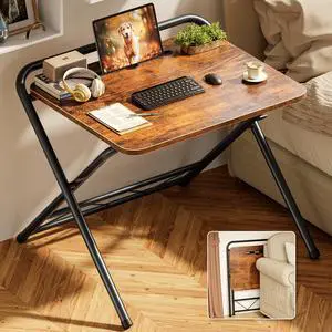 Folding Desk with 3-Level Adjustable Height and Tablet Slot, 24 Inch Foldable Computer Desk for Small Spaces, Space Saving, Writing Work Table for Home Office, Bedroom, Study, Rustic Brown