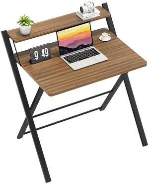 No Assembly Folding Desk, 2-Tier Compact Computer Desk with Shelf, Space Saving Foldable Table for Home Office, Dorm or Apartment, Portable Collapsible Sturdy Laptop Desk, Espresso
