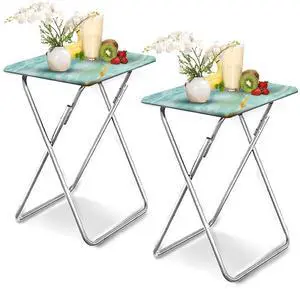 Folding TV Tray Table,TV Dinner Table with Sturdy MDF Top,Eating Trays for Living Room with No Assembly Required, 2PCS (Sea Blue)