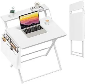 Folding Desk for Small Spaces, 31.5 inch Foldable Table with Storage Bag, 2-Tier Portable Computer Desk with Monitor Stand for Home Bedroom, Pure White