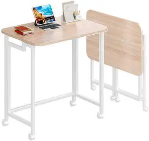 23.6" Mobile Small Rolling Computer Desk, Folding Laptop Cart Table with Wheels, Portable Office Desk for Small Space Couch Bed - Natural and White