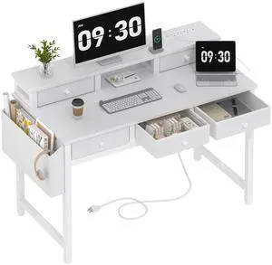 White Computer Desk with Fabric Drawers for Home Office, 40 inch Vanity Makeup Desk with Drawers Storage for Bedroom, Writing Study Table with Power Outlet & Monitor Stand, White