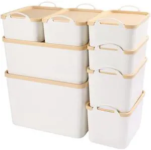 8PCS Plastic Storage Bins Containers with Lids, Large White Storage Organization Bins Boxes, Lidded Plastic Storage Baskets for Closet Shelves Drawers Desktop Home Office, Wheat Lids