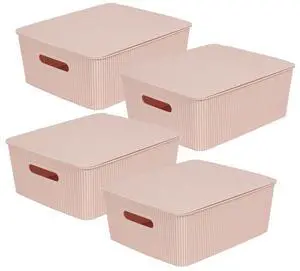 Storage Baskets with Lids - Set of 4 Stackable Plastic Boxes with Handles - Decorative Shelf Organizer Bins for Bathroom and Closet, Pink, 3.1 Gallon