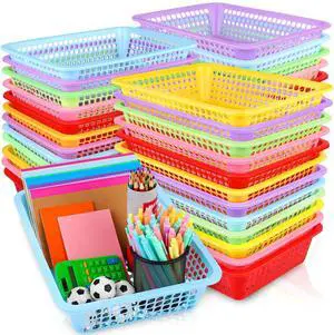 36 Pack Classroom Storage Baskets Bins Back to School Supplies Plastic Desktop Storage Tray 13.5 x 10 x 3 Inch Stackable Organizer Baskets Colorful Organizer Trays for Classroom Office Decor