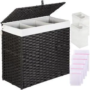Laundry Hamper with Lid, 125L Large Clothes Hamper with 3 Section & 2 Section Removable Liner Bags & 5 Mesh Laundry Bags, Handwoven Synthetic Rattan Divided Laundry Basket, Black